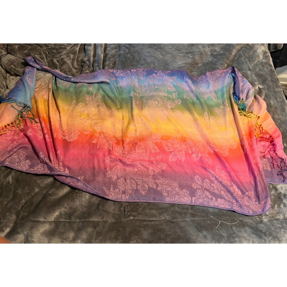 Rainbow Ombre Pashmina Scarf Floral Jacquard Multi Color Fringe Wrap Shawl